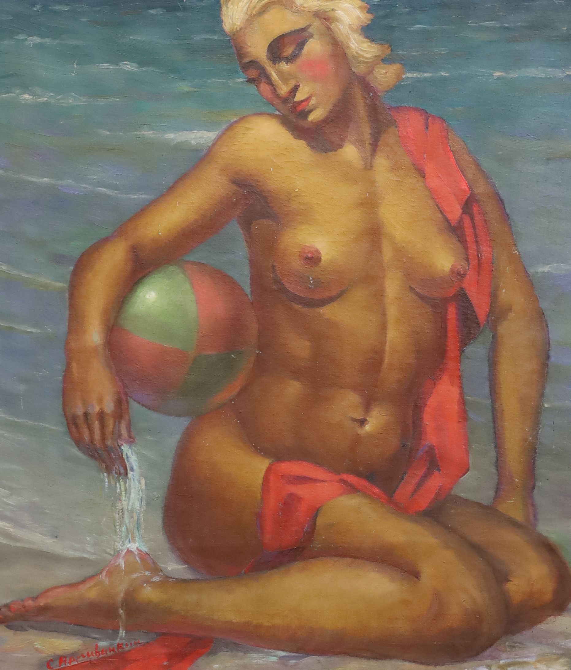 Circle of Samuil Yakovlevich Adlivankin (Russian, 1897-1966), Nude on the sea shore, oil on canvas